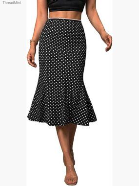Polka Dot Midi Skirt - High Waisted Flowy Mermaid Satin Skirt
